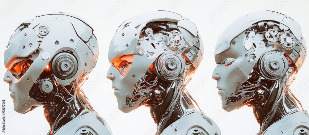 Poster futuristic humanoid cyborg reveals intricate head mechanism with numerous gears by removing his face