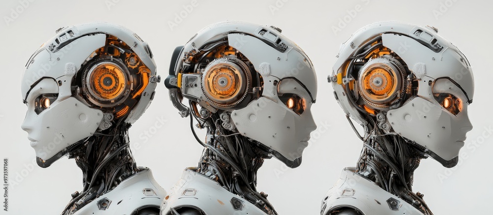 Poster futuristic humanoid robot reveals intricate head mechanisms and gears by removing its face mask 3d r