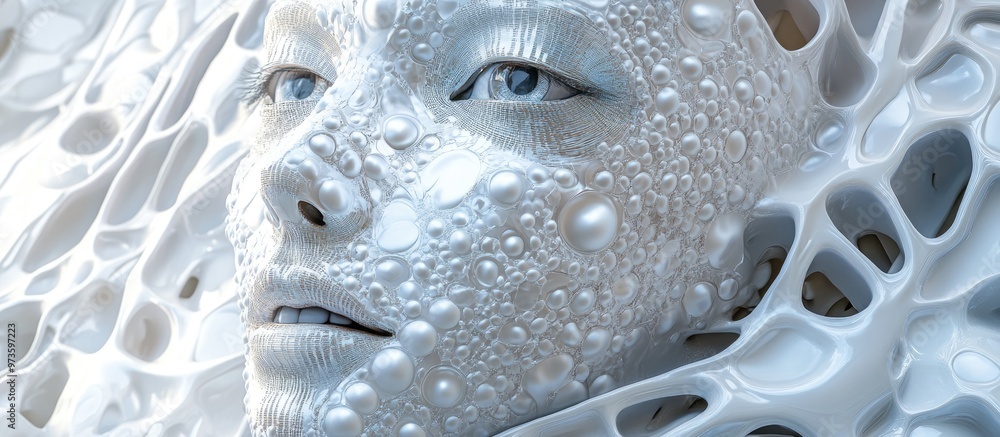 Poster female cyborg face featuring intricate pearl like synthetic skin exploring themes of virtual reality