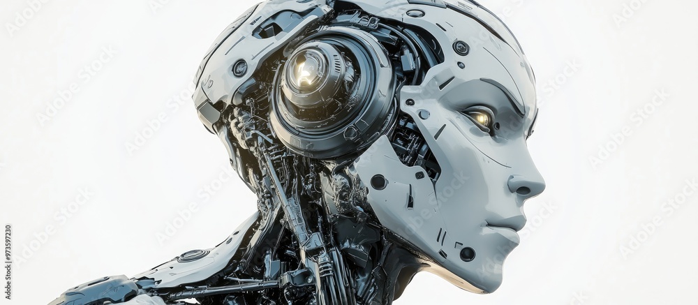 Poster profile image of a large robotic figure against a white background shown in a side view 3d rendered 