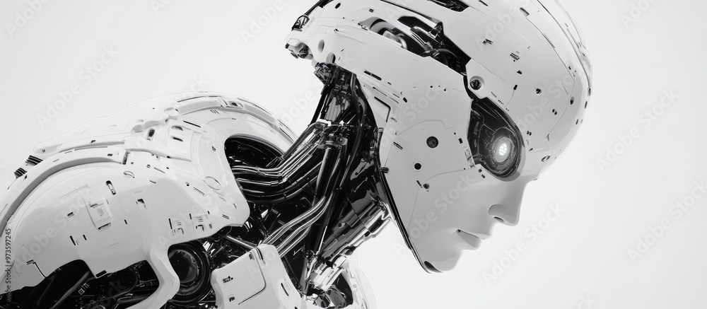 Poster detailed depiction of a black and white ai robot on a light backdrop conceptual 3d cgi showcasing au