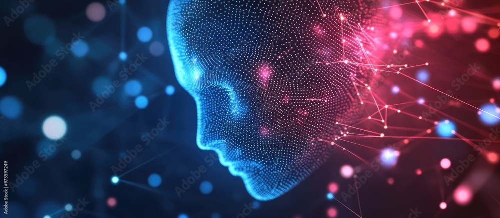 Poster blue and red artificial intelligence text set against a cyberspace backdrop featuring lines and dots