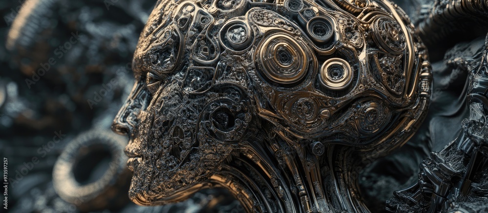Poster intricate artwork depicting a futuristic robotic or android brain design