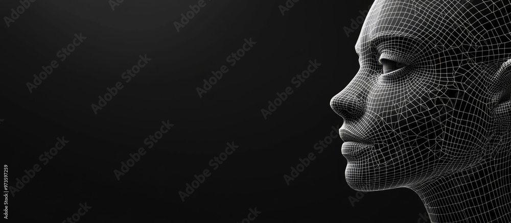 Poster 3d representation of a human head in grid form wireframe model of a face polygonal head structure ge
