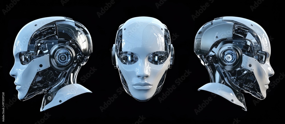 Poster futuristic robot head displayed from various angles isolated against a black background 3d rendering