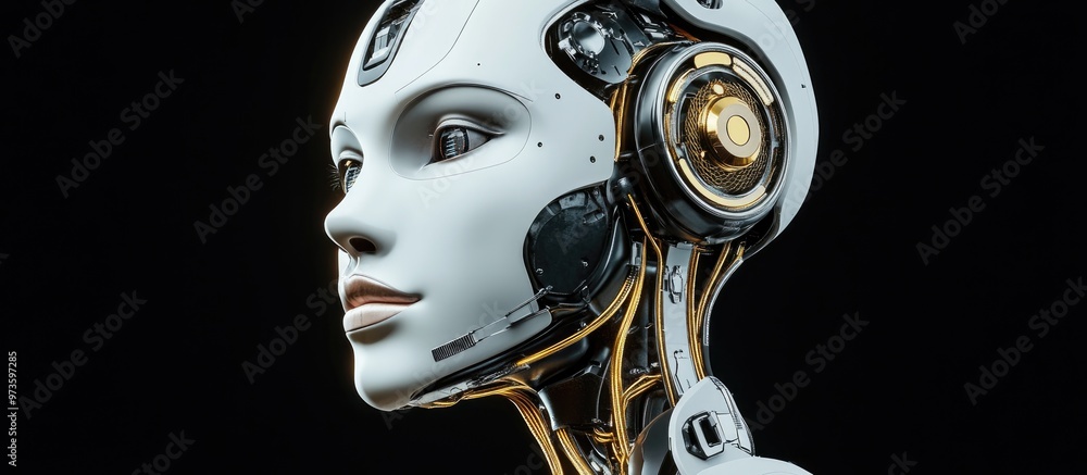 Poster futuristic robot profile face design isolated on a black backdrop 3d rendering