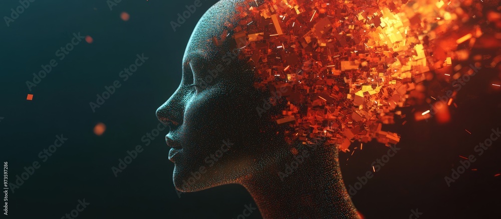 Poster 3d rendering of a stylized human head with abstract digital elements focused on themes of informatio