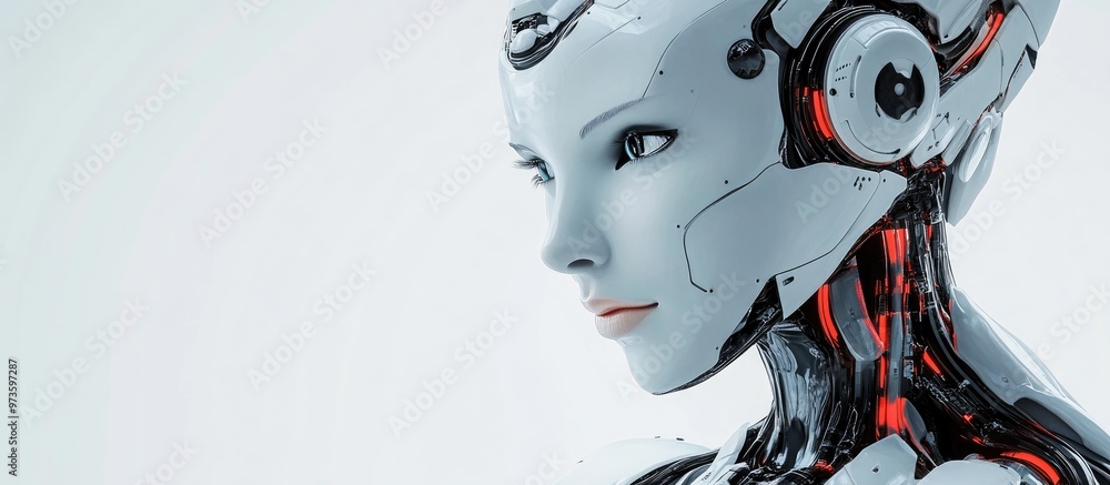 Poster 3d visualization of a female robot set against a white backdrop