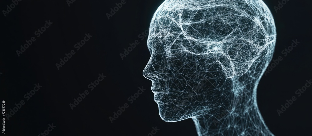 Poster 3d rendering featuring a wire mesh human head model intertwined with fractal patterns symbolizing th