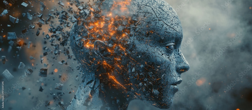 Poster robotic human head fracturing to reveal a new intelligent robot representing the emergence of artifi