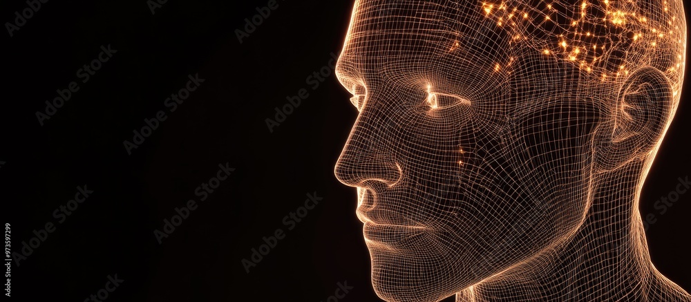 Poster high resolution 3d wireframe male head isolated on a black background representing technology cyborg