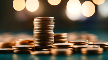 A tall stack of gold coins stands out against a background of scattered coins and soft, out-of-focus lights.
