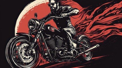 A biker drives his motorcycle with flames behind him.