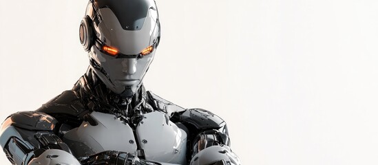 3D rendered portrait of a robot or cyborg with crossed arms set against a white background