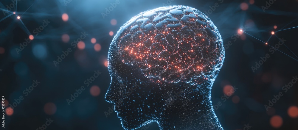 Poster symbol of artificial intelligence featuring a network of connected dots representing human brain int