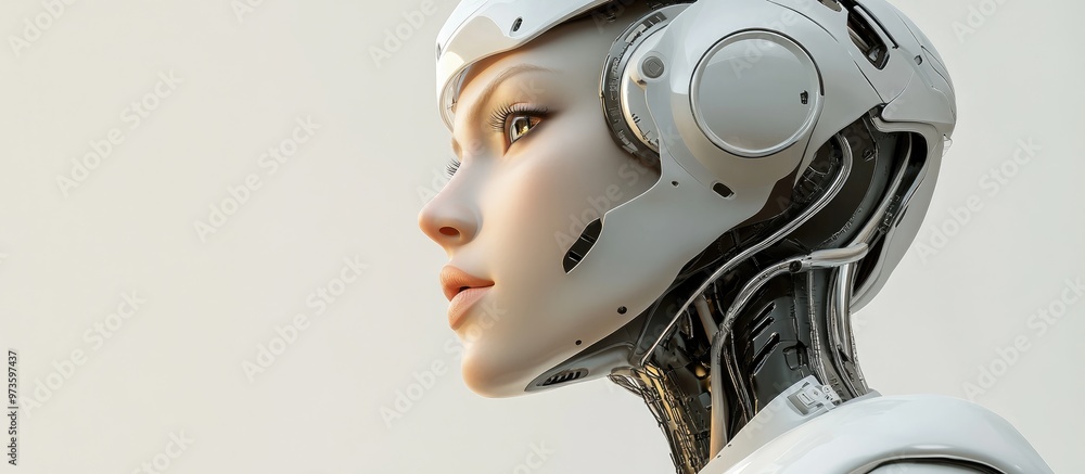 Poster elegant female cyborg gazes with intensity the image depicts an advanced humanoid robot embodying fu