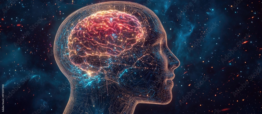 Poster abstract outline of a head featuring a circuit brain design representing artificial intelligence and