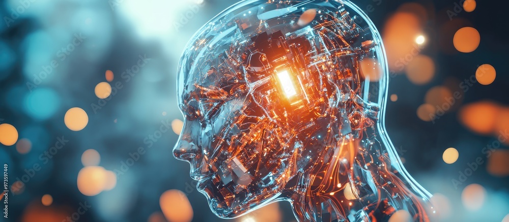 Poster double exposure featuring an abstract hologram of virtual robotics technology set against a blurred 