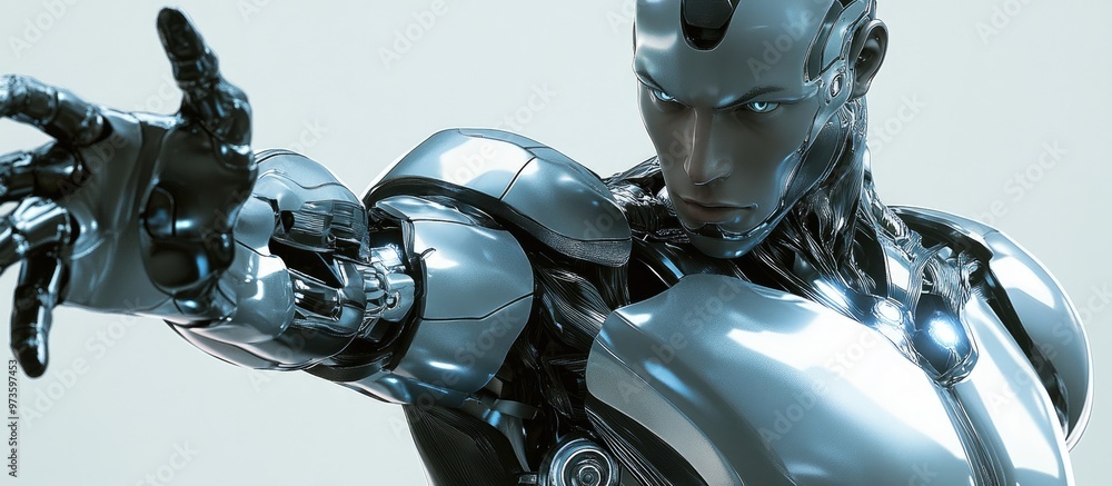 Poster 3d rendering of a cyborg man from the waist up in a gesturing pose