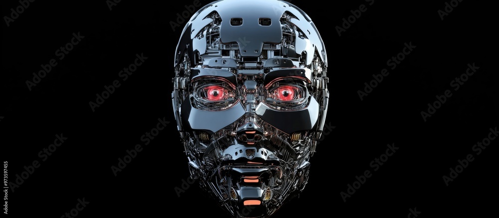 Poster close up view of a futuristic robot head or intricate humanoid cyber face isolated on a black backgr