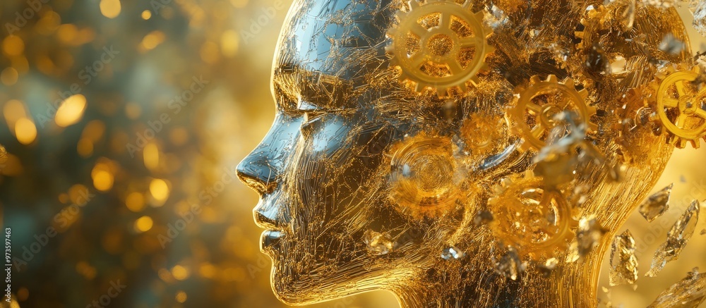 Poster 3d rendering of a golden gear within a crystal human head symbolizing artificial intelligence and ma