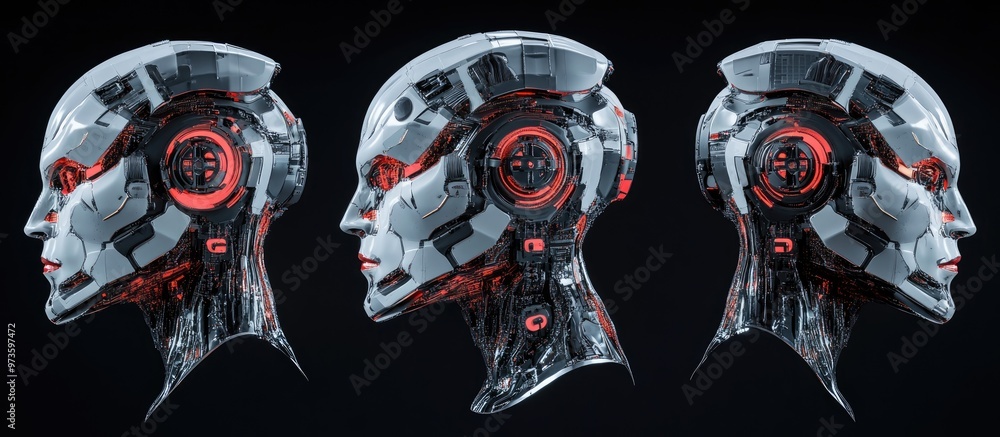 Poster set of three distinct angles of a robotic head and intricate cyborg face isolated on a black backgro