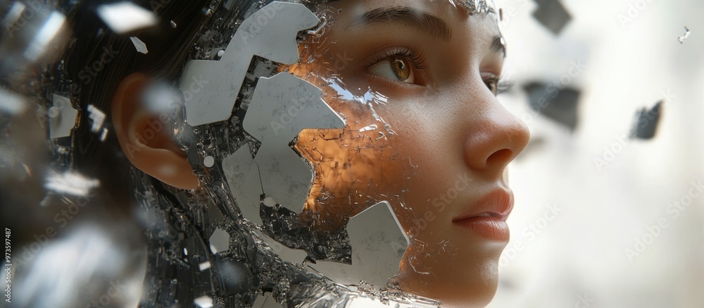Poster future technologies 3d render of an artificial intelligence concept featuring a dissolving female ro