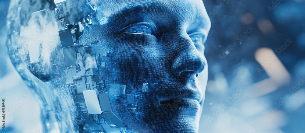 Poster close up of an abstract digital human face against a blue urban backdrop illustrating concepts of te