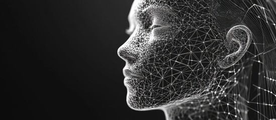 High resolution 3D wireframe representation of a female head on a black background symbolizing technology cyborgs digital innovation virtual avatars science fiction and abstract concepts
