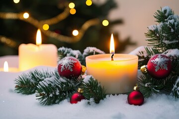 Christmas Winter Wonderland with Glowing Candle and Peaceful Atmosphere