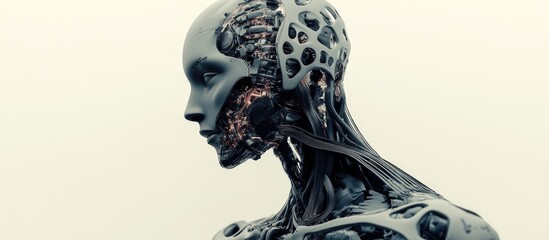 Futuristic cyborg featuring intricate internal body structure against a neutral background 3D render