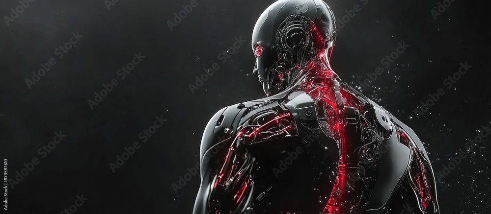 Poster futuristic cyborg figure displaying intricate internal mechanisms against a dark backdrop 3d renderi