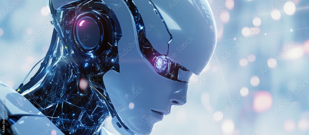 Poster 3d rendering of a robot engaged in data processing activities