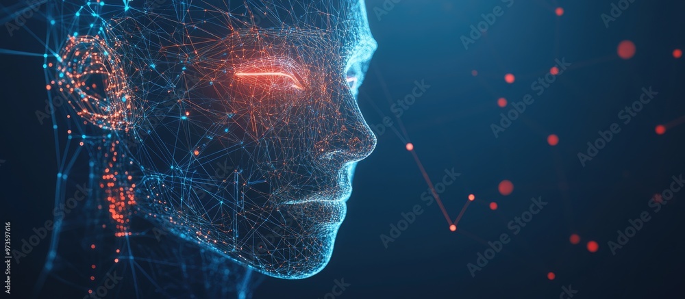 Poster circuit board linked to an element of an ai face featuring a polygonal design with lines and dots ag