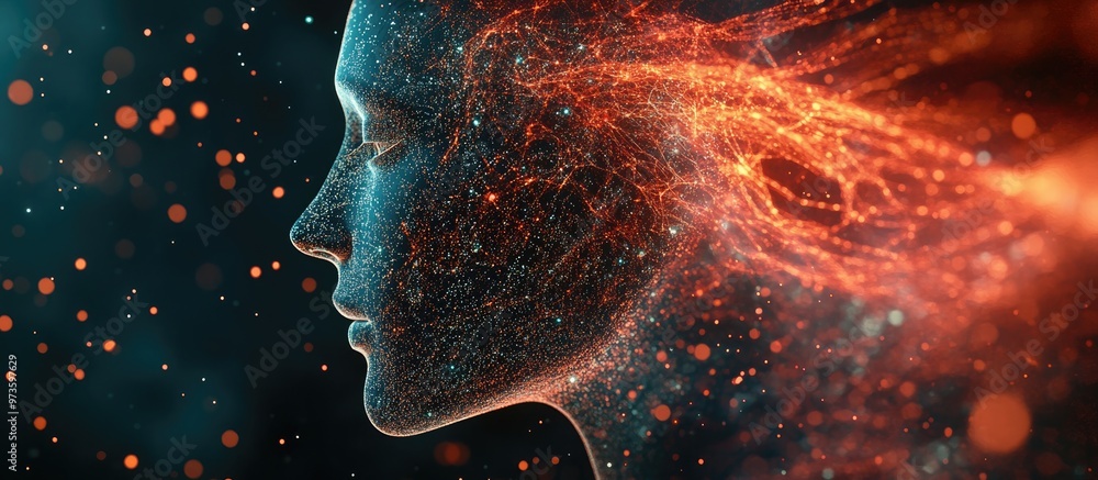 Poster outline of a human head combined with technological and fractal elements exploring themes of artific