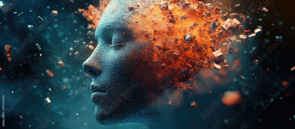 Poster artificial intelligence and machine learning concept represented by a digital human face undergoing 