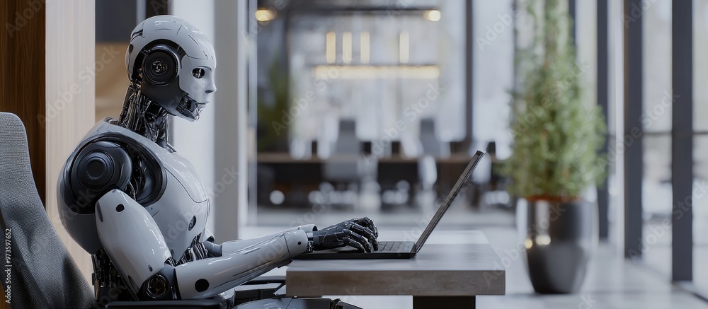 Poster ai robot seated at a desk engaged in work within an office environment representing concepts of auto