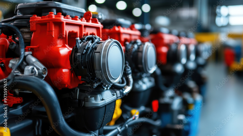 Poster a row of red and black industrial engines lined up in a manufacturing facility, showcasing mechanica