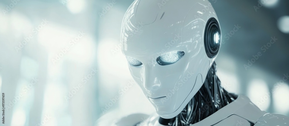 Poster white robot in a blurred setting designing a 3d structure representing future technology