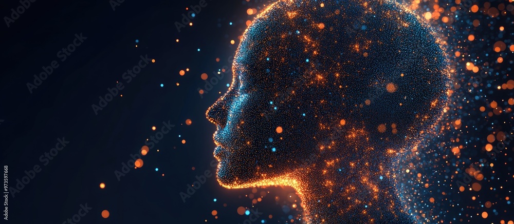 Poster pixel art depiction of a human head composed of particles representing themes of artificial intellig