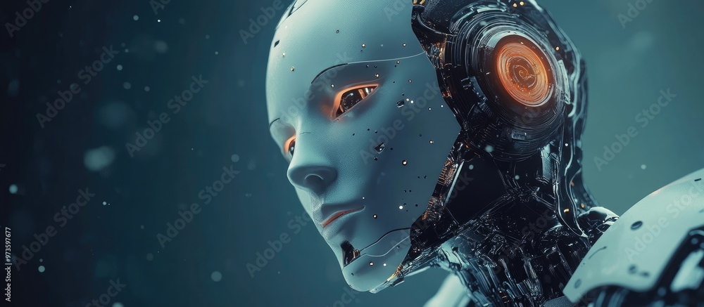 Poster humanoid robot illustration depicting artificial intelligence in 3d design