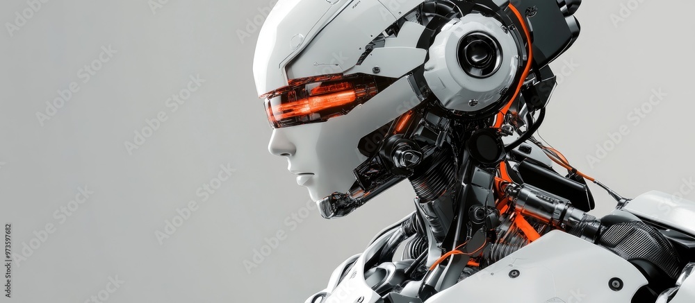 Poster futuristic robot or cyborg being assembled by robotic arms against a gray background 3d rendering