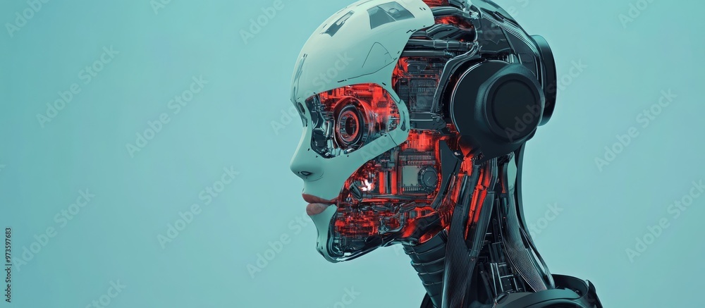 Poster an android with a partially removed mask shows its internal technology digital illustration