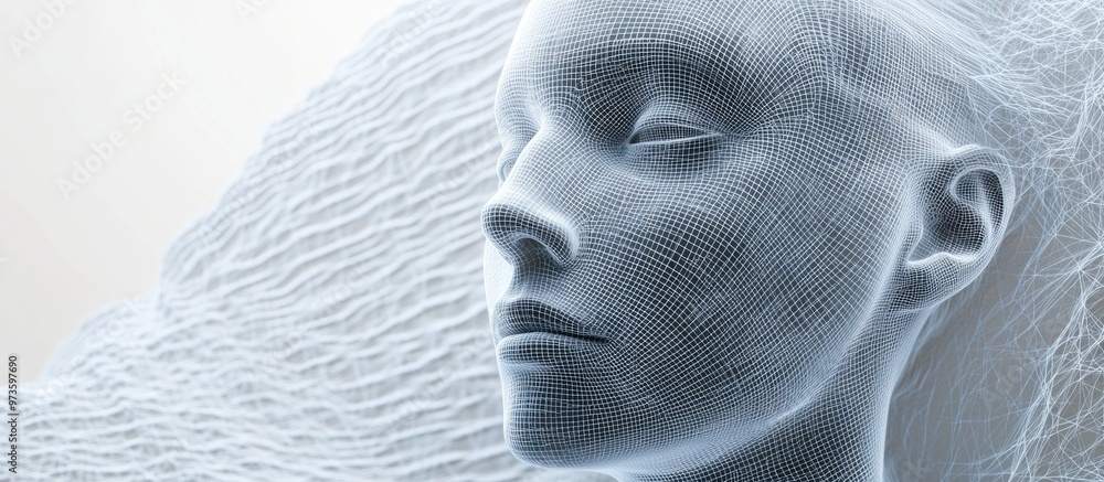 Poster 3d wireframe representation of a young male head on a plain background symbolizing technology cyborg