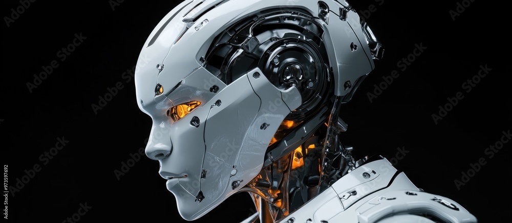 Poster futuristic robot profile face design isolated on a black backdrop 3d rendering