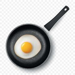 Vector 3d Realistic Fried Egg in the Black Frying Pan, Closeup Isolated, Top View. Design Template of Scrambled Eggs, Fried Egg, Omelette. Delicious Breakfast, Food, Culinary Concept