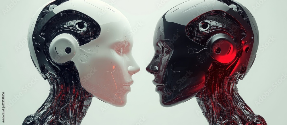 Poster illustration set showcasing artificial intelligence and robotic machine learning in a dual tone colo