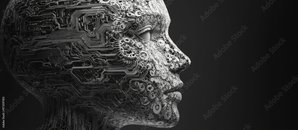Poster a human head featuring intricate circuit patterns and gears symbolizing the concept of artificial in