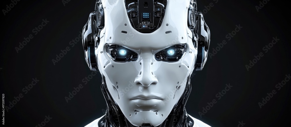 Poster highly detailed humanoid robot face or cyborg head displaying a serious or angry expression front vi