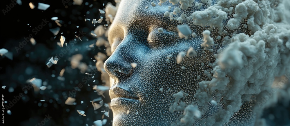 Poster artificial intelligence and machine learning concept represented by a digital human face undergoing 